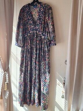 April Cornell Navy Floral V-Neck 100% Cotton Maxi Dress with Multi-Color Print